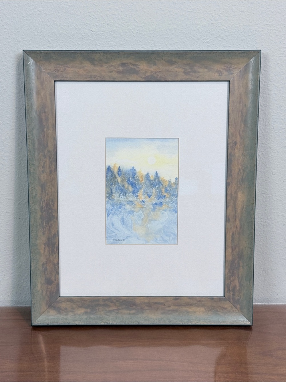 Winter Landscape Original 5x7 Watercolor Painting V. Woodcock Framed 14x17